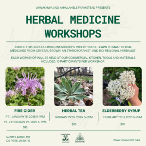 A promotional graphic for Ukwakhwa and Kahulahele Farmstead’s Herbal Medicine Workshops. The title "Herbal Medicine Workshops" is prominently displayed at the top. The graphic lists three workshops: "Fire Cider" on January 15, 2025, and February 26, 2025 ($15); "Herbal Tea" on January 29, 2025 ($10); and "Elderberry Syrup" on February 12, 2025 ($10). Each event is held at the Ukwakhwa commercial kitchen, limited to 10 participants, with tools and materials included. The graphic includes three images: a close-up of a purple wildflower (bee balm), a green leafy plant (mullein) in a wooded area, and a hand holding a cluster of elderflower blossoms. The workshop location and website, along with Ukwakhwa and Kahulahele Farmstead logos, are featured at the bottom.