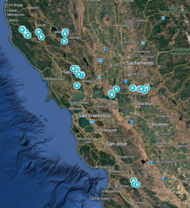 A map of the 49 vineyard blocks sampled over the course of the study (2022-2024). 