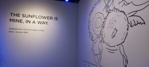 Quote from Vincent van Gogh on wall at the Indianapolis Museum of Art, 2022: "THE SUNFLOWER IS MINE, IN A WAY. Adapted from Vincent's letter to Theo, Arles [France], January 1889." Sunflower sketch at right. Photography by Farmer Lindsey Krantz.