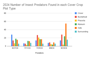 This chart describes the number of beneficial predatory insects found in various cover crop plots on Brown Dog Farm during the summer of 2024.