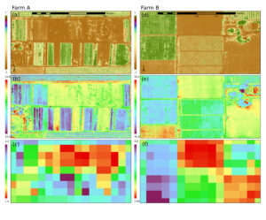 Panels 2 wide, 3 high display imagery of one farm on the left and another farm on the right. Colors indicate areas of vegetation and relatively cool temperatures. The bottom plates are pixelated, displaying OpenET estimates of consumptive water use.