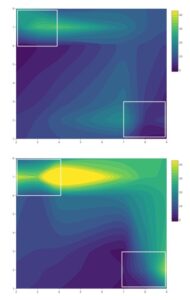 Contour plots showing mean Drosophila suzukii abundance at the organic site in 2018 during A) weeks 10-11, B) weeks 12-13, and C) weeks 14-15. White boxes represent areas where traps were deployed.