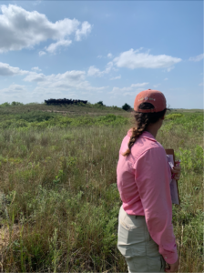 A field crew member holds a clipboard and looks over her shoulder as a herd of cattle stare from a nearby hill.