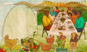 Colorful image of people sitting together at a table on a farm with a hoophouse on the side