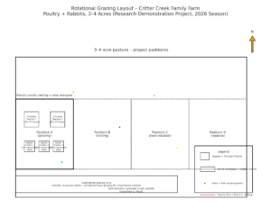 Pasture diagram showing paddock rotation layout with two chicken tractors and three rabbit tractors on 3–4 acres, with soil sampling points and rest paddocks.