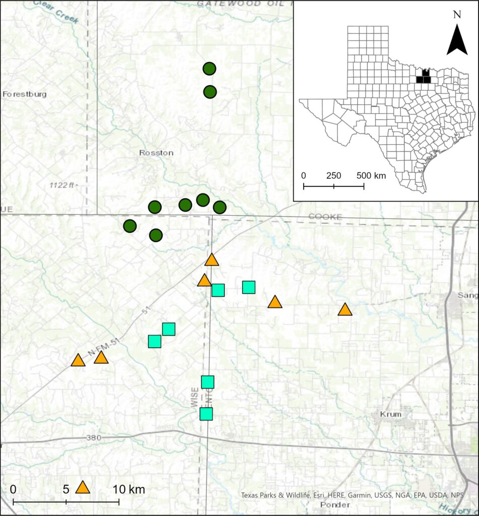 Map showing a region near where Cooke, Denton, and Wise Counties meet in north Texas, with study sites indicated on the map.