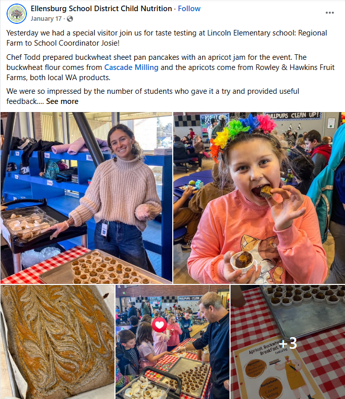 Facebook post by Ellensburg School District Showing Breakfast Bars Made with Washington Grown Apricot Swirls for Taste of Washington Month.