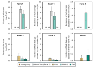Bar charts showing early-season fruit damage caused by plum curculio and internal worm in June 2025