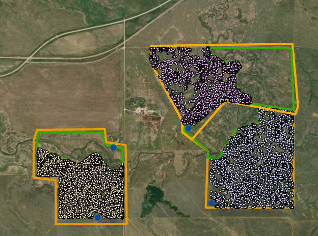 A map showing GPS points of cattle grazing in riparian pastures. Here, they were excluded from riparian areas.