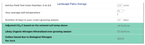 The image describes the test results of the Solvita Soil respiration test under Landscape fabric