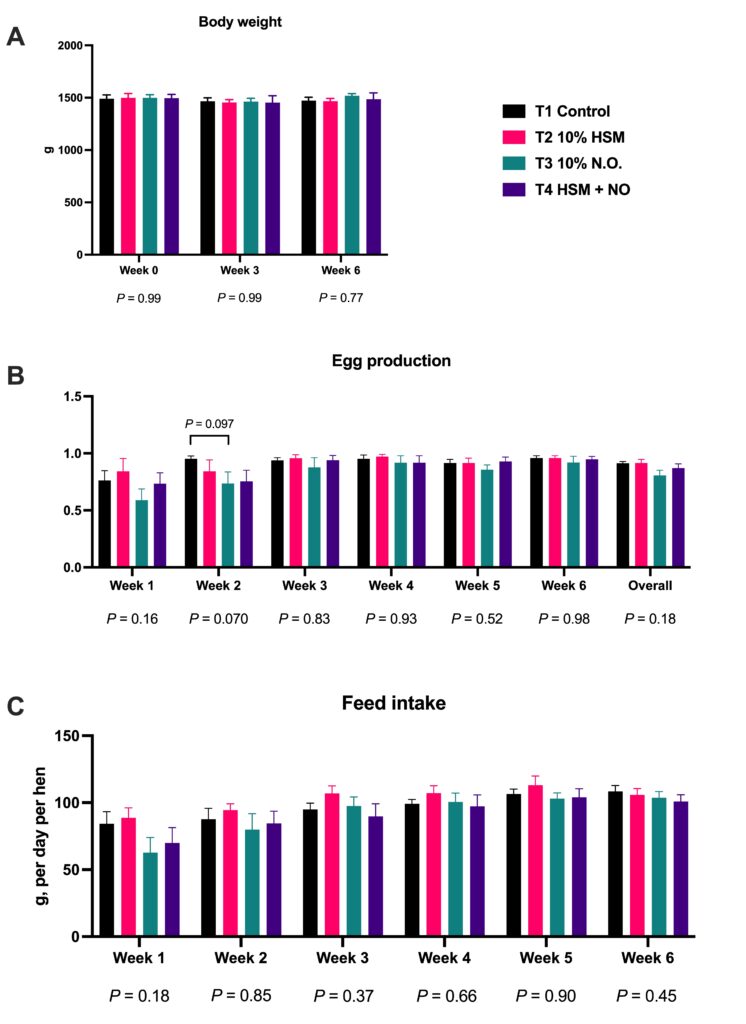 Body weights, egg production, and feed intake of the laying hens were not impacted by any of the four treatment diets in this study,