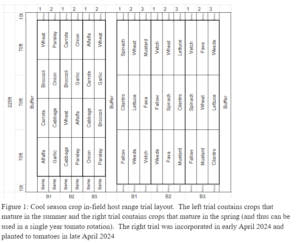 Map of the controlled field trial showing the layout of each crop plot in both the host range and rotation sections. 