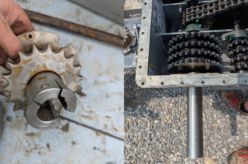 Figure 14: Small 1” driveshaft failed (left) in 2024, in 2025 the design was upgraded to a 2” shaft (right).