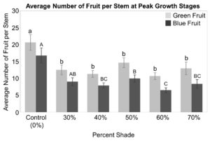 Graph showing decreased fruit counts on stems exposed to shade. however shade cloths excluded pollinators.