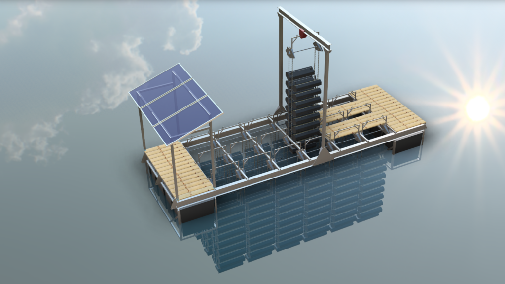 Figure 19: A rendering of a gantry crane lifting an entire solar rotator out of the water for harvest