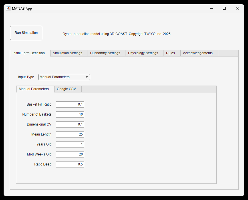 Figure 20: TWIYO MATLAB production modelling application opening page with basic farm inputs