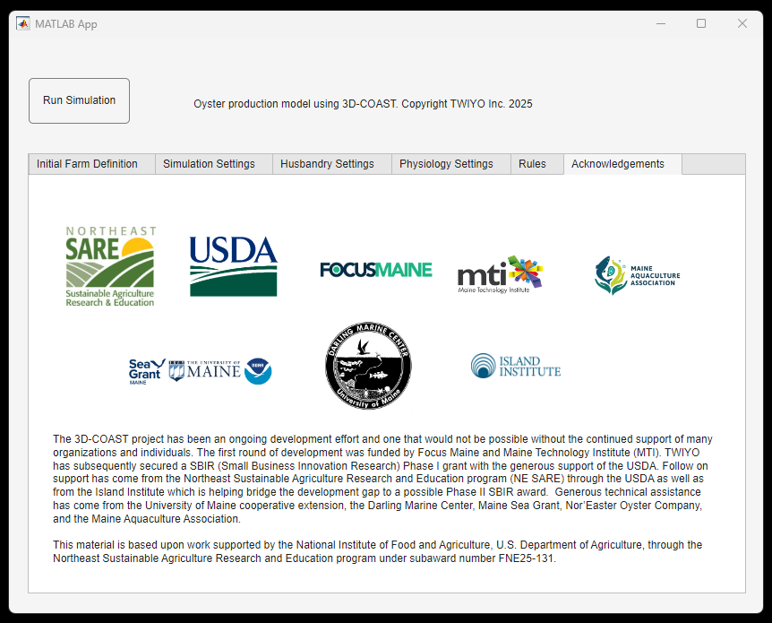 Figure 22: Acknowledgements page of oyster production modelling program