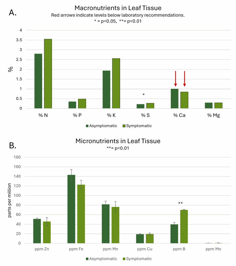 Graph shows nutrients detected in leaf tissue.