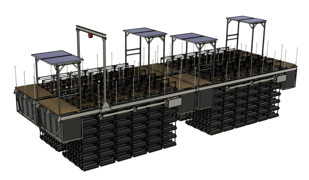 The set of four 3D-COAST rafts modularly combined above could produce 500,000 oysters per year. This would require only 800 square feet, or two Maine LPA licenses. Significantly reducing the footprint of farms, and making the size of necessary leases smaller, both helping farmers turn profits more easily and sooner (smaller leases are quicker to get) as well as improve social license issues (farms aren’t as intrusive looking to riparian owners or take away as much space from heritage fisheries).