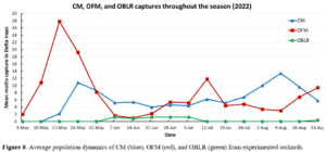 Figure 8. Average population dynamics of CM (blue), OFM (red), and OBLR (green) from experimented orchards.