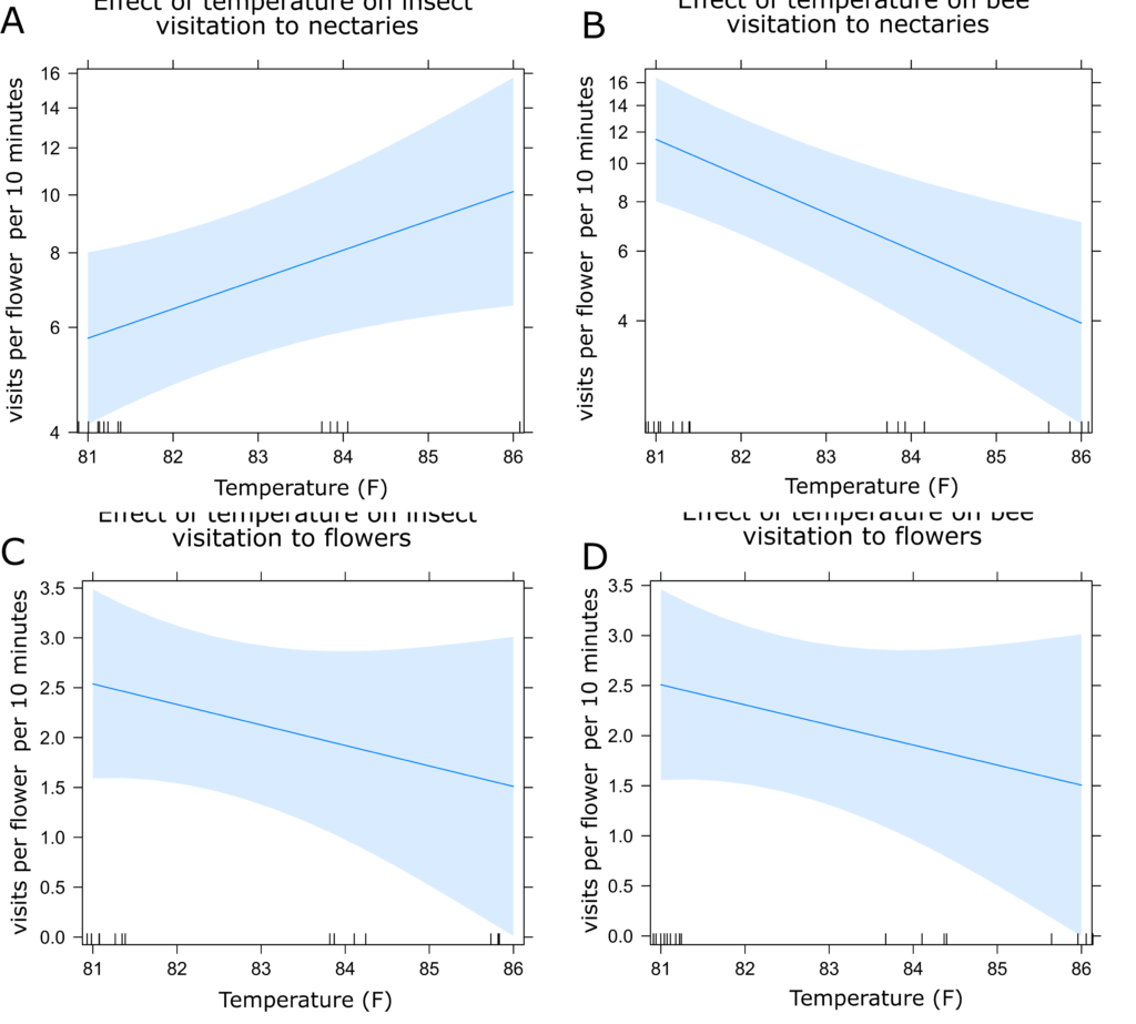 Four graphs showing response of insect and bee visitation to nectaries and flowers of partridge pea in response to temperature