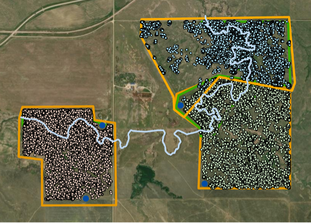 A map showing GPS points from virtual fencing collars on cattle that were allowed access to riparian areas.