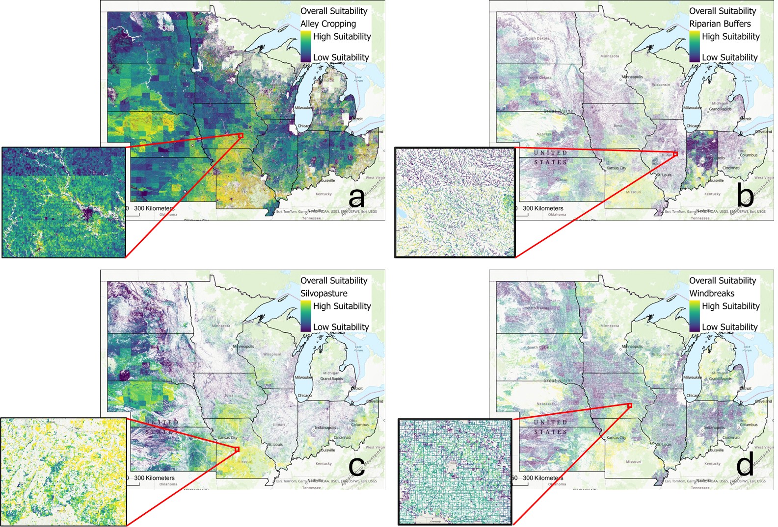 Figure showing areas of high-low agroforestry suitability through the twelve-state US Midwest region for each of four agroforestry practices: alley cropping, riparian buffers, silvopasture, and windbreaks.