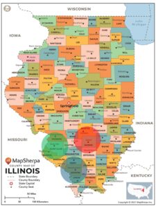 map of Illinois highlighting three regions in the southern part of the state.