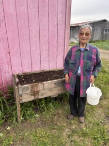 A Elder stands next to an elevated garden bed that has recently been planted and watered. 