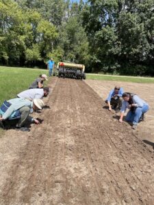 people and plow in field