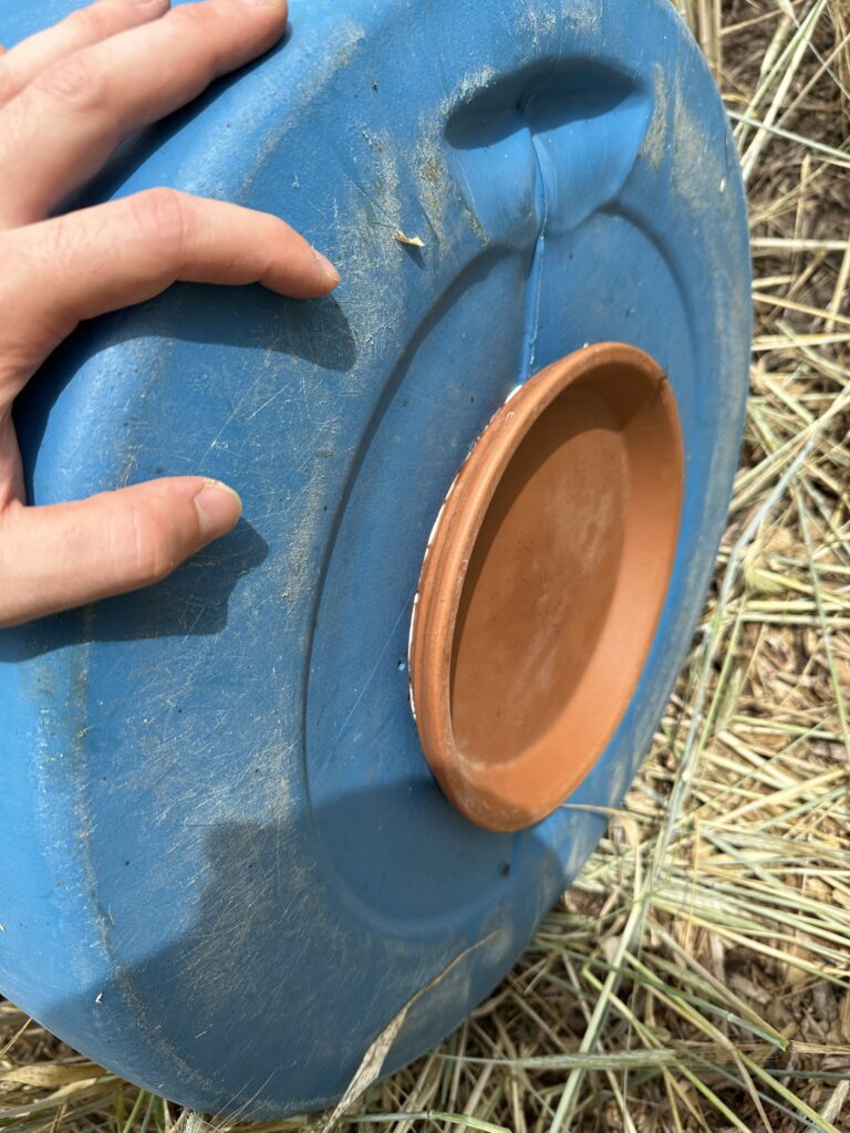Clay saucer at base of plastic barrel.