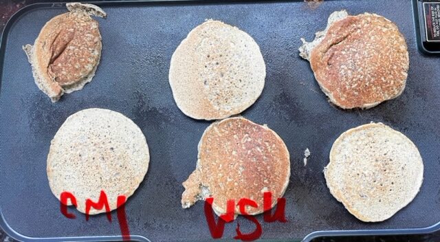 Pancake evaluation showing a few pancakes on a griddle.