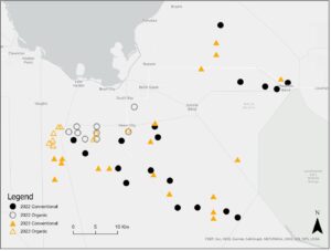 Location of conventional and organic rice fields sampled in 2022 and 2023 in southern Florida.
