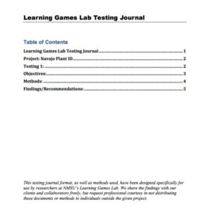 Table of contents page of a user-testing journal