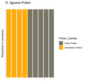 Stacked bar plot showing proportion of pollen collected by Osmia lignaria in strawberry fields.