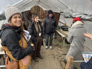 People looking at mushroom growing