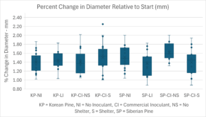 Percent change in diameter of Korean and Siberian Pine in September 2025 relative to April 2024