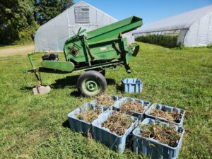 Swanson threshing unit was towed to PSF in 2023 to thresh the trial’s beans immediately after harvest. In 2022, plants dried down for about a month before threshing operations could be completed, resulting in beans dry enough to shatter.