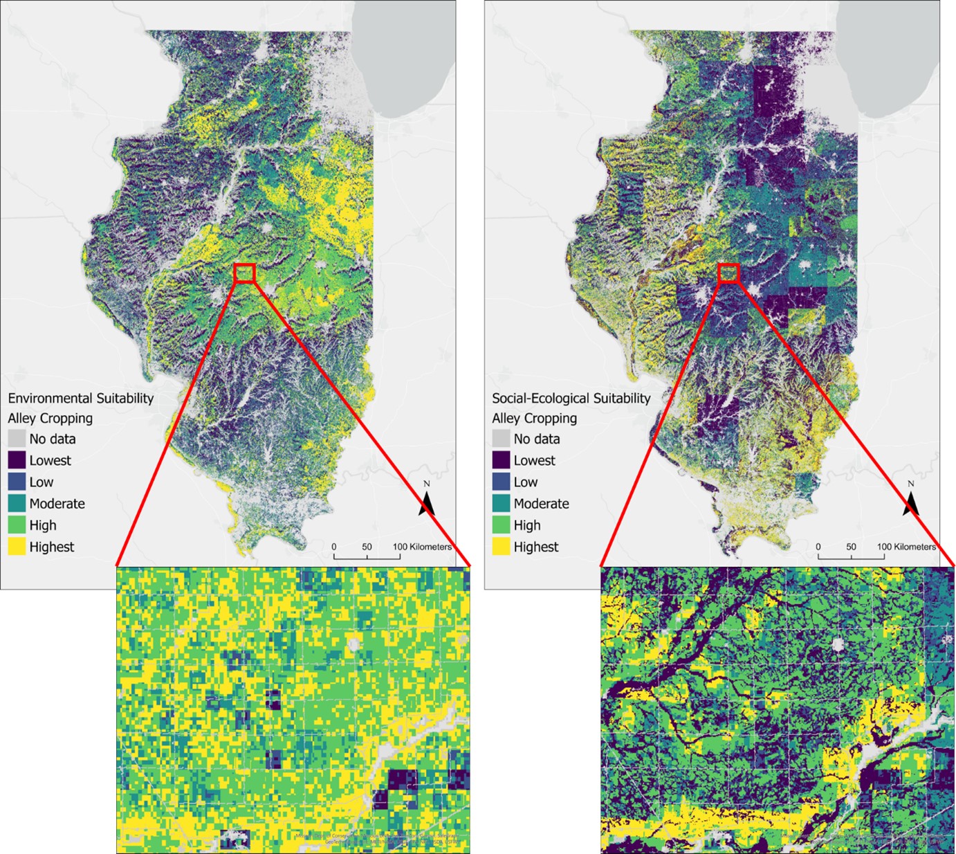 Map showing alley cropping suitability for Illinois using only environmental criteria vs using the full set of criteria.