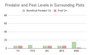 This chart describes insect pest and predator levels at 5 different sample dates throughout the summer of 2024 in plots of surrounding natural vegetation on Brown Dog Flower Farm.