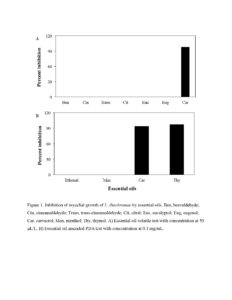 Figure 1. Inhibition of mycelial growth of L. theobromae by essential oils. Ben, benzaldehyde; Cin, cinnamaldehyde; Trans, trans-cinnamaldehyde; Cit, citral; Euc, eucalyptol; Eug, eugenol; Car, carvacrol; Men, menthol; Thy, thymol. A) Essential oil volatile test with concentration at 50 μL/L. B) Essential oil amended PDA test with concentration at 0.1 mg/mL.