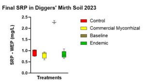 Figure 11 shows the SRP-WEP concentrations at the end of the experiment. With statistically significant difference between baseline before the growing season and all plots at the end season’s end, there was no statistically significant difference between treatments. A trend involved SRP highest in the control, followed by endemic mycorrhizae followed by commercial mycorrhizae.
