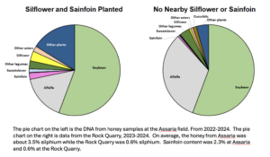Pie charts showing that hives at trial sites with sanfoil and siliflower produced more honey.