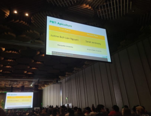 A slideshow showing Justine winning first place for her talk in her section at Entomology 2025