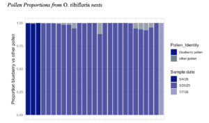  Stacked bar plot of non-frozen pollen provision contents collected from Osmia ribifloris nests in Oregon blueberry fields in 2025. Each bar represents a single provision, with colors representing blueberry presence or absence within the provision, and saturation representing the date of nest collection.