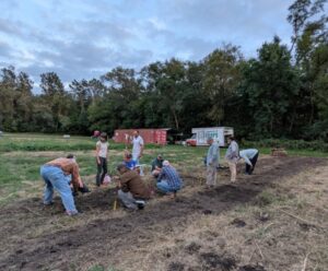 A group of farmers gathers to plant cover crop mixes in small test plots in field as part of a class activity.