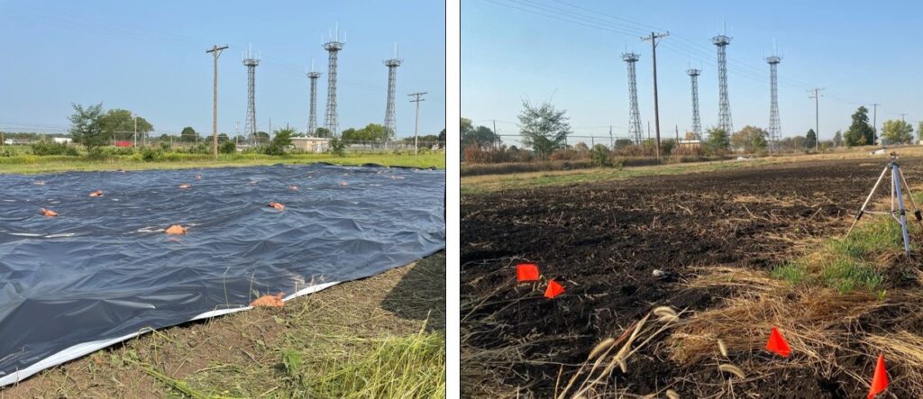 A silage tarp covers a section of ground in the left half of the image. The right half of the image shows the effect on the field after removal and ground that is clear of weeds and other vegetation.