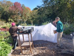 Net over bed of plants with girl on the right and man on the left