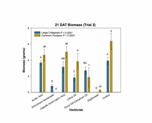 Bar graph comparing organic herbicide biomass.