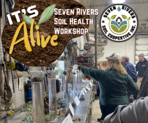 Partner, Seven Rivers Soil Cooperative farmers learned how to use slake tests using soil from their own fields during a soil health workshop. These farmers are also preparing for to work with students during the mobile learning trailer on-farm experience. 